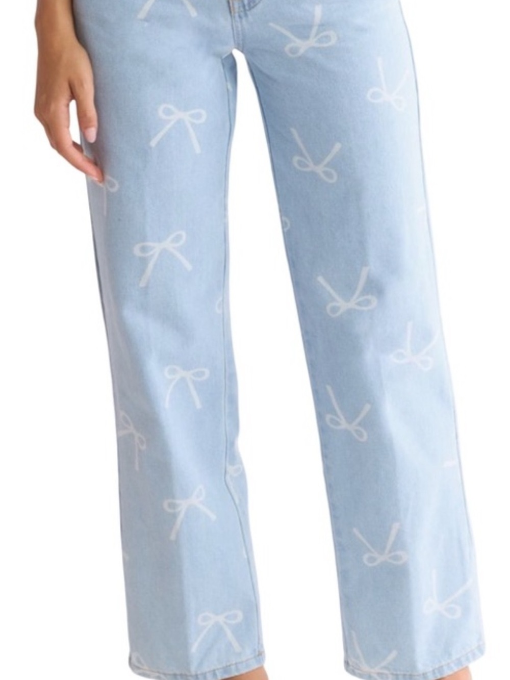 Women's Light Blue Bow-Print Wide Leg Jeans